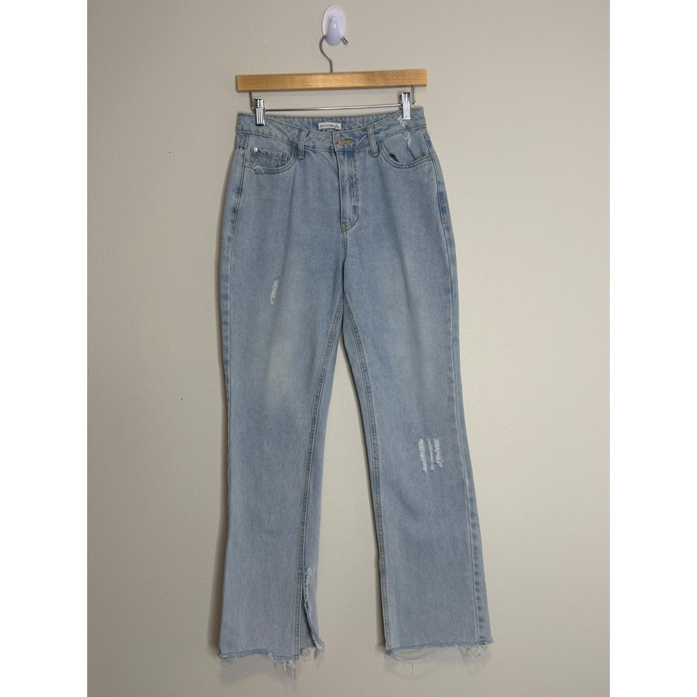 Avec Les Filles Light Wash Distressed Straight Leg Jeans with Side Slits Size 27